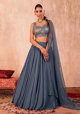 Grey Printed Crepe Lehenga Set