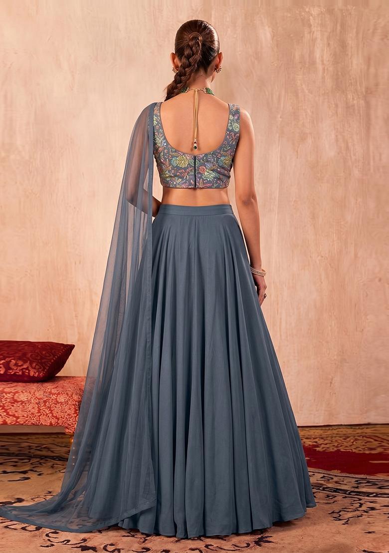 Grey Printed Crepe Lehenga Set - Indya