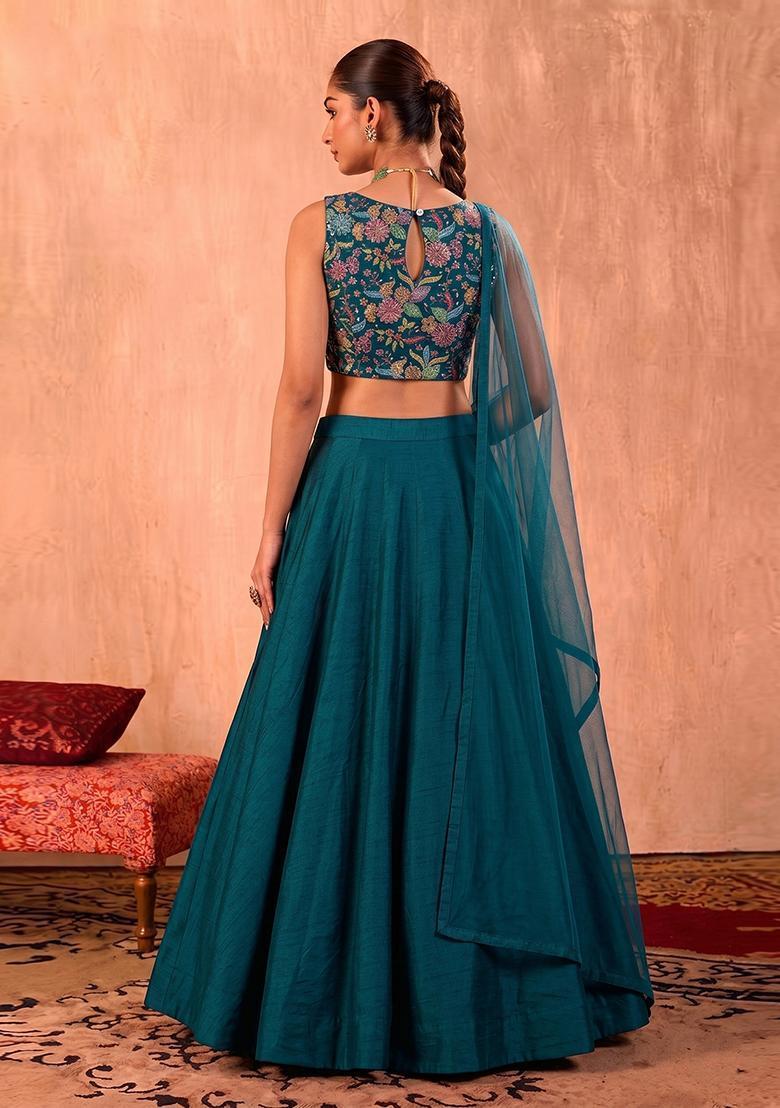 Teal Blue Printed Crepe Lehenga Set - Indya