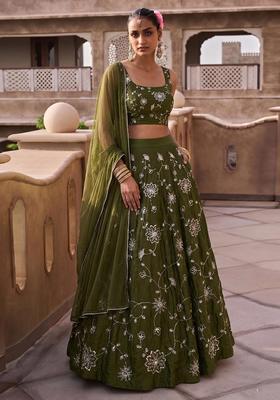 Olive Green Embroidered Silk Blend Lehenga Set