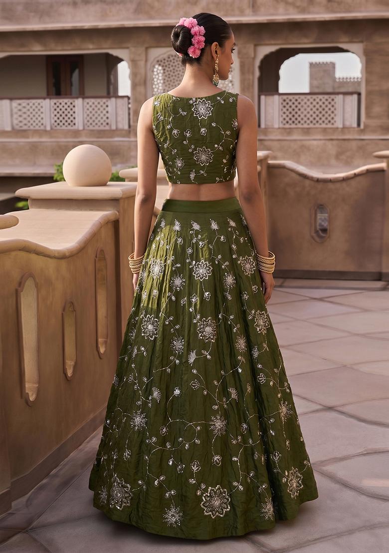Olive Green Embroidered Silk Blend Lehenga Set - Indya