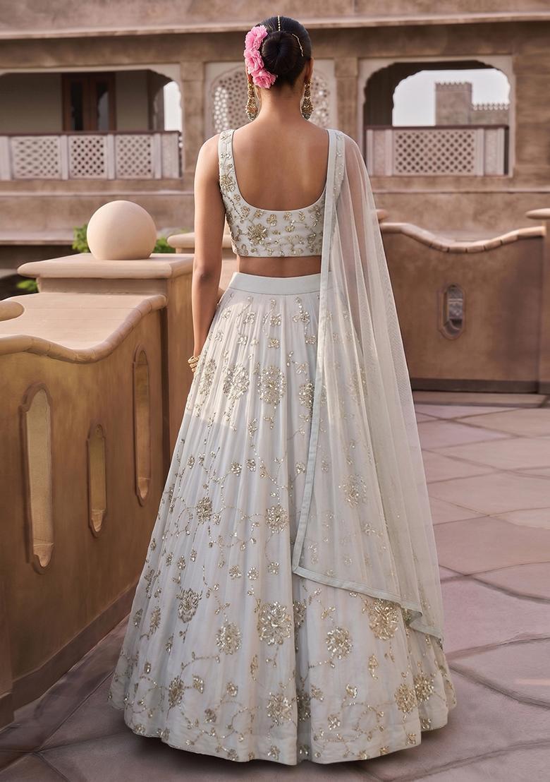 Ivory Embroidered Silk Blend Lehenga Set - Indya