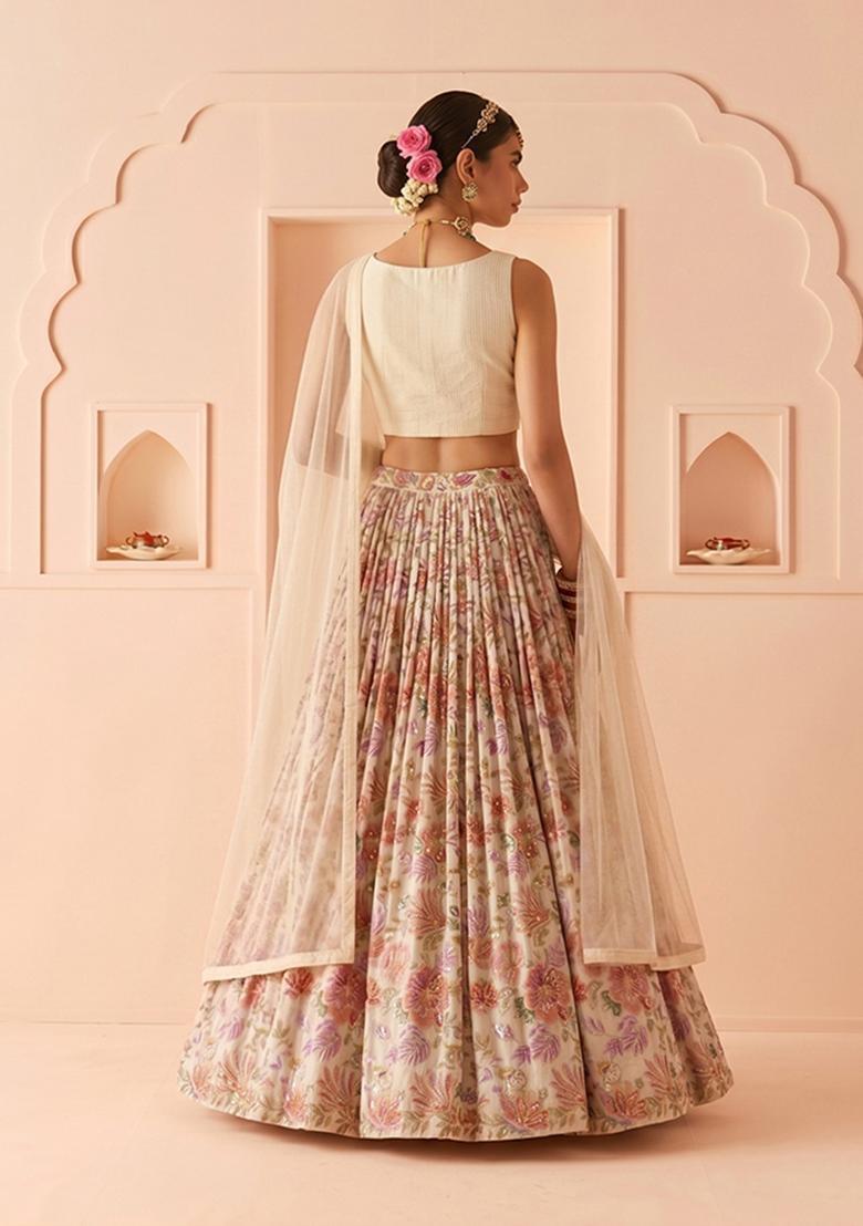 Ivory Printed Organza Lehenga Set - Indya