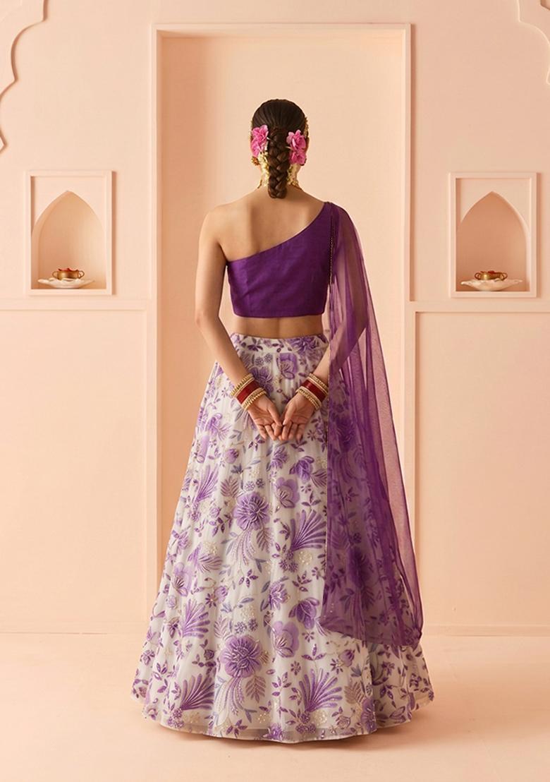 Lavender Printed Organza Lehenga Set - Indya