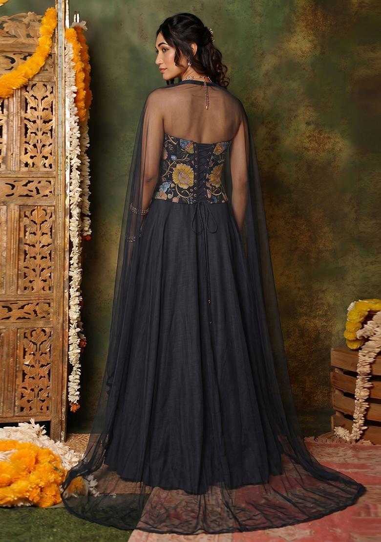 Black Printed Organza Lehenga Set - Indya