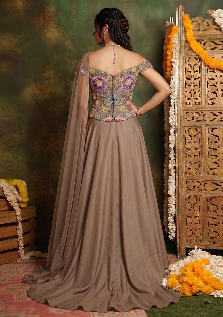 Brown Printed Organza Lehenga Set - Indya