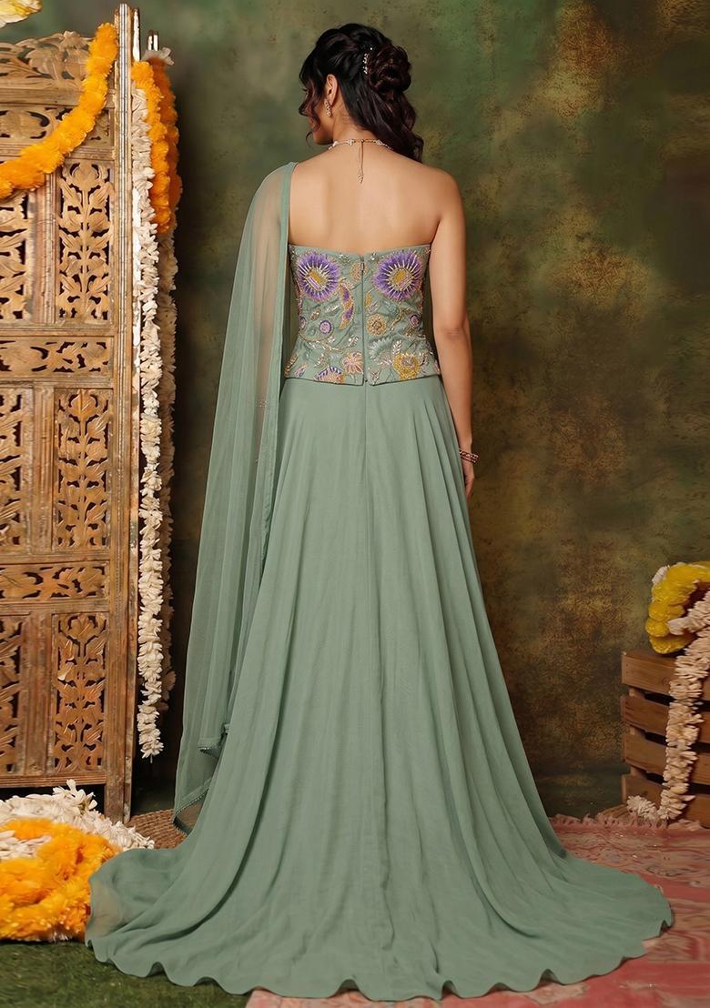 Sage Green Printed Organza Lehenga Set - Indya