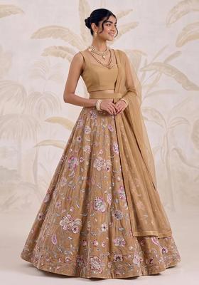 Sand Beige Printed Crepe Lehenga Set
