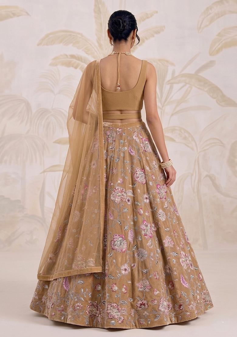 Sand Beige Printed Crepe Lehenga Set - Indya