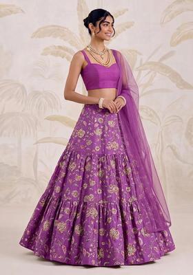 Purple Printed Crepe Lehenga Set