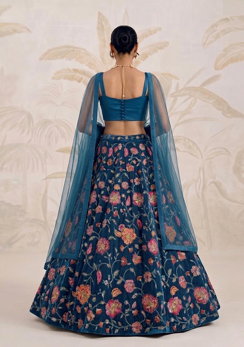 Deep Teal Blue Printed Crepe Lehenga Set - Indya