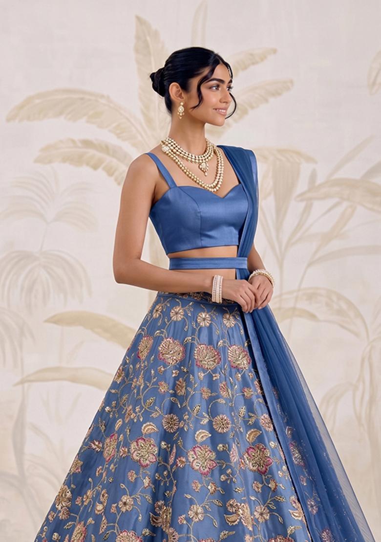 Pastel Blue Printed Crepe Lehenga Set - Indya