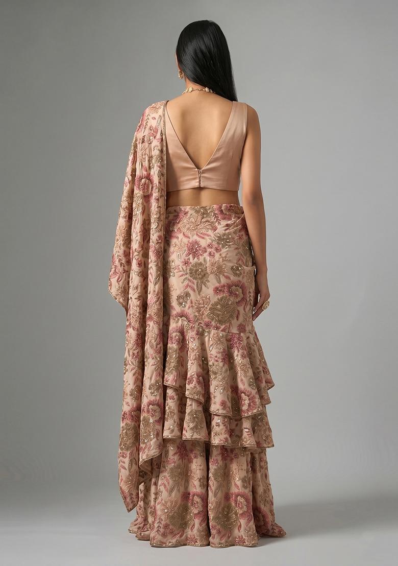 Sand Beige Printed Chinon Pre Draped Saree Set - Indya