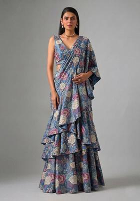Midnight Blue Printed Chinon Pre Draped Saree Set