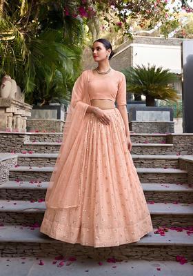 Peach Embroidered Chanderi Lehenga Set