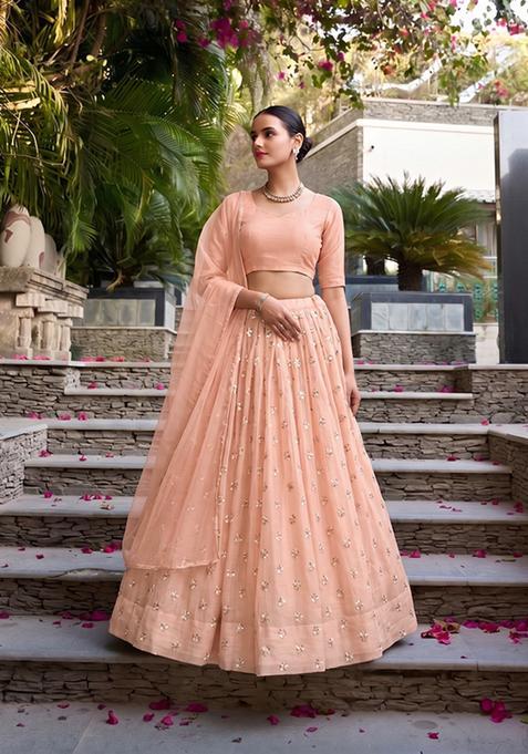 Peach Embroidered Chanderi Lehenga Set