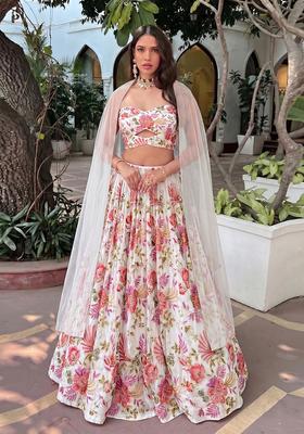 White Printed Organza Lehenga Set