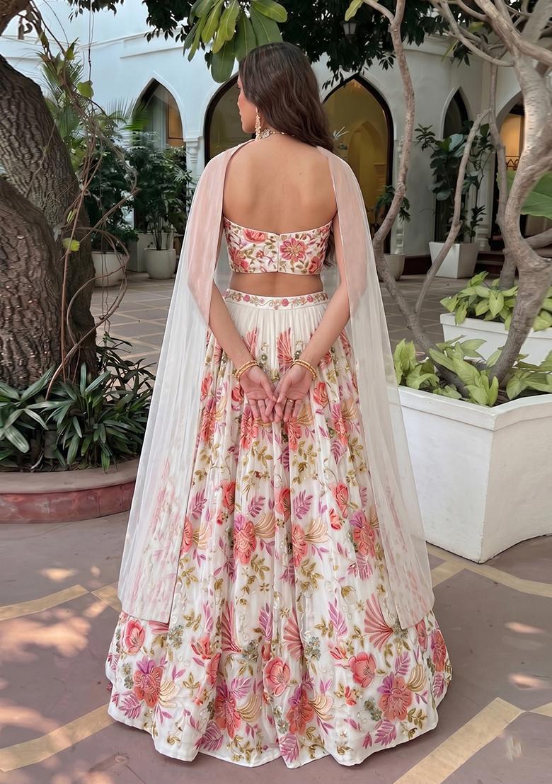 White Printed Organza Lehenga Set - Indya