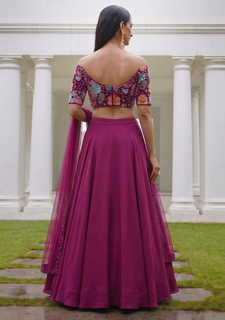 Purple Embroidered Crepe Lehenga Set - Indya