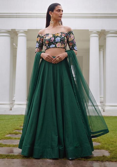 Bottle Green Embroidered Crepe Lehenga Set