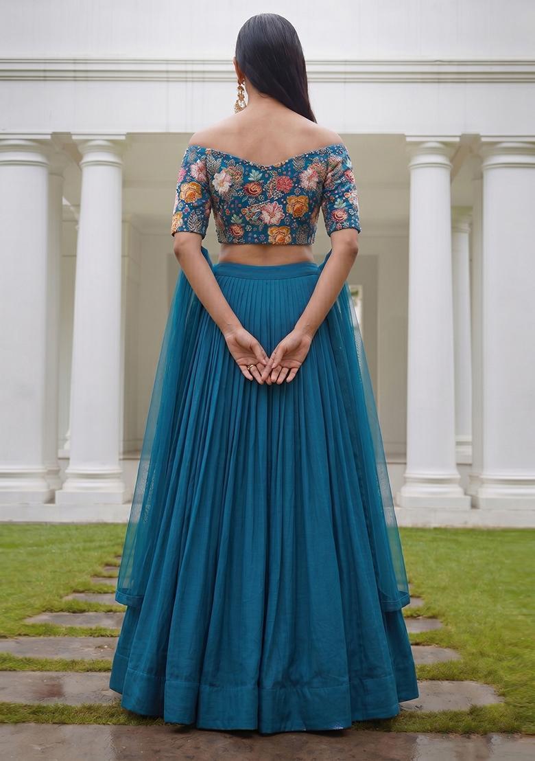 Teal Blue Embroidered Crepe Lehenga Set - Indya