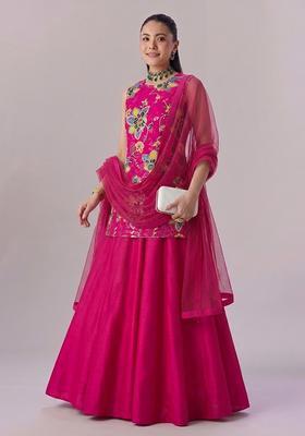 Rani Pink Printed Organza Lehenga Set