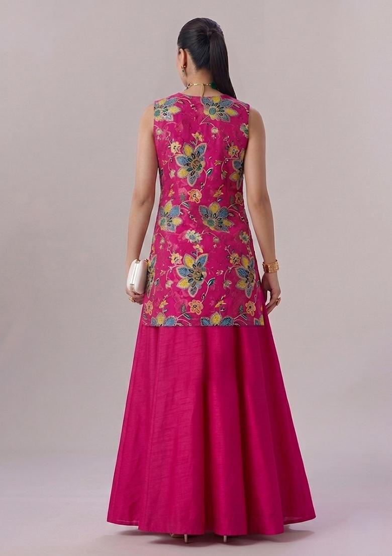 Rani Pink Printed Organza Lehenga Set - Indya