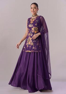 Purple Printed Organza Lehenga Set