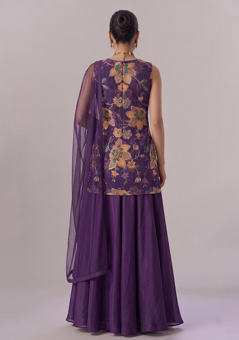 Purple Printed Organza Lehenga Set - Indya