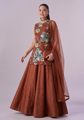 Brown Embroidered Lehenga Set