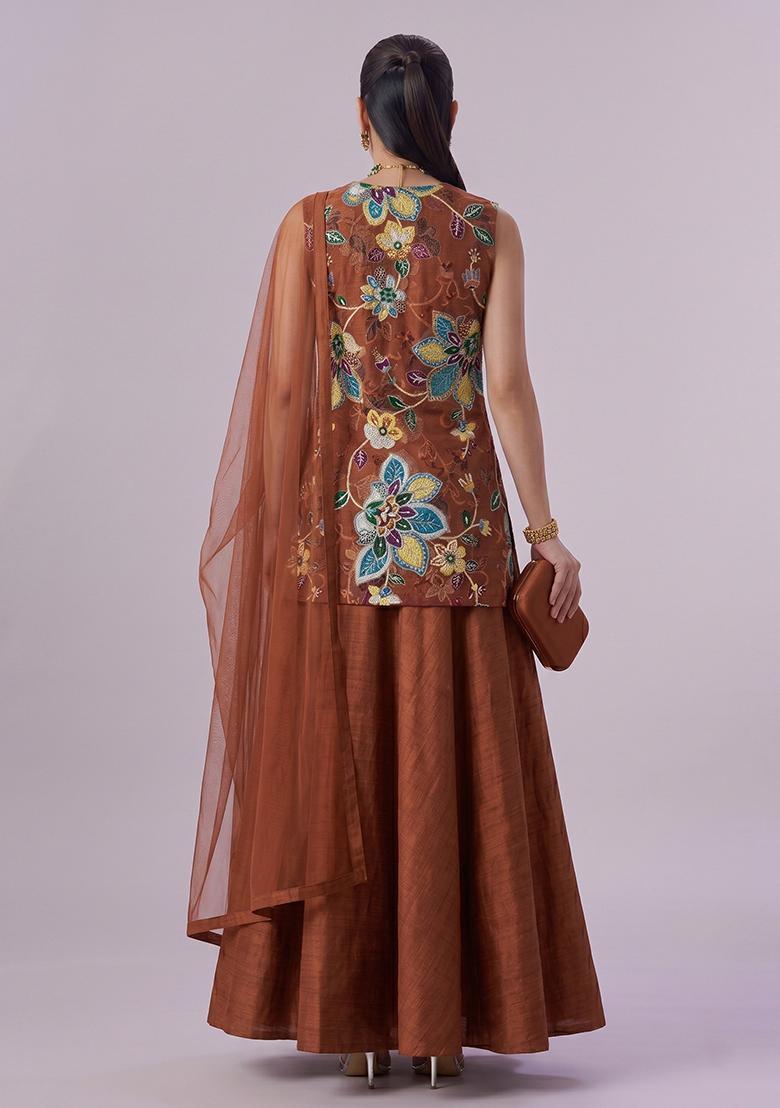 Brown Embroidered Lehenga Set - Indya