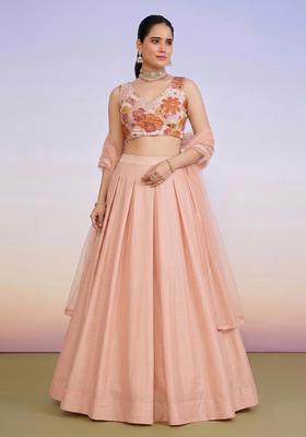 Peach Printed Crepe Lehenga Set