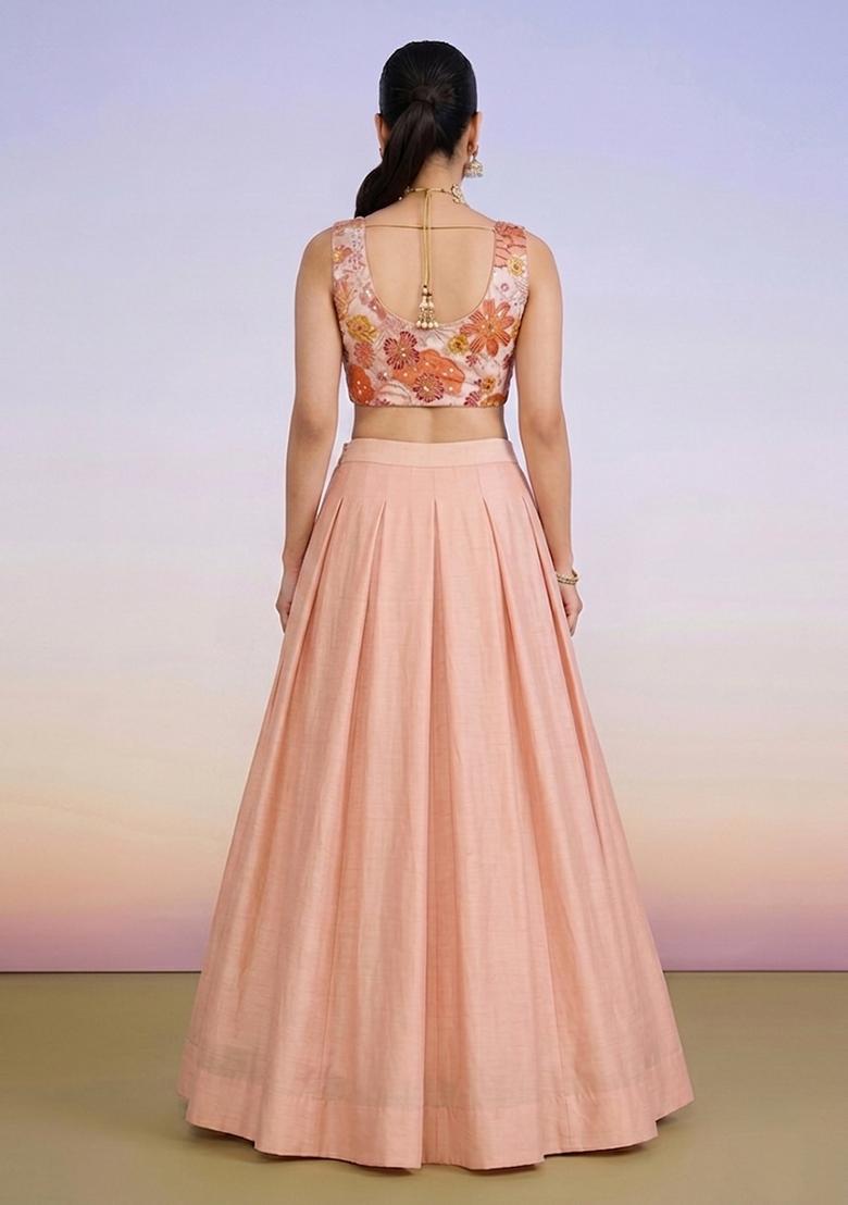 Peach Printed Crepe Lehenga Set - Indya