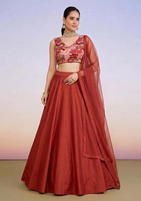 Red Printed Crepe Lehenga Set