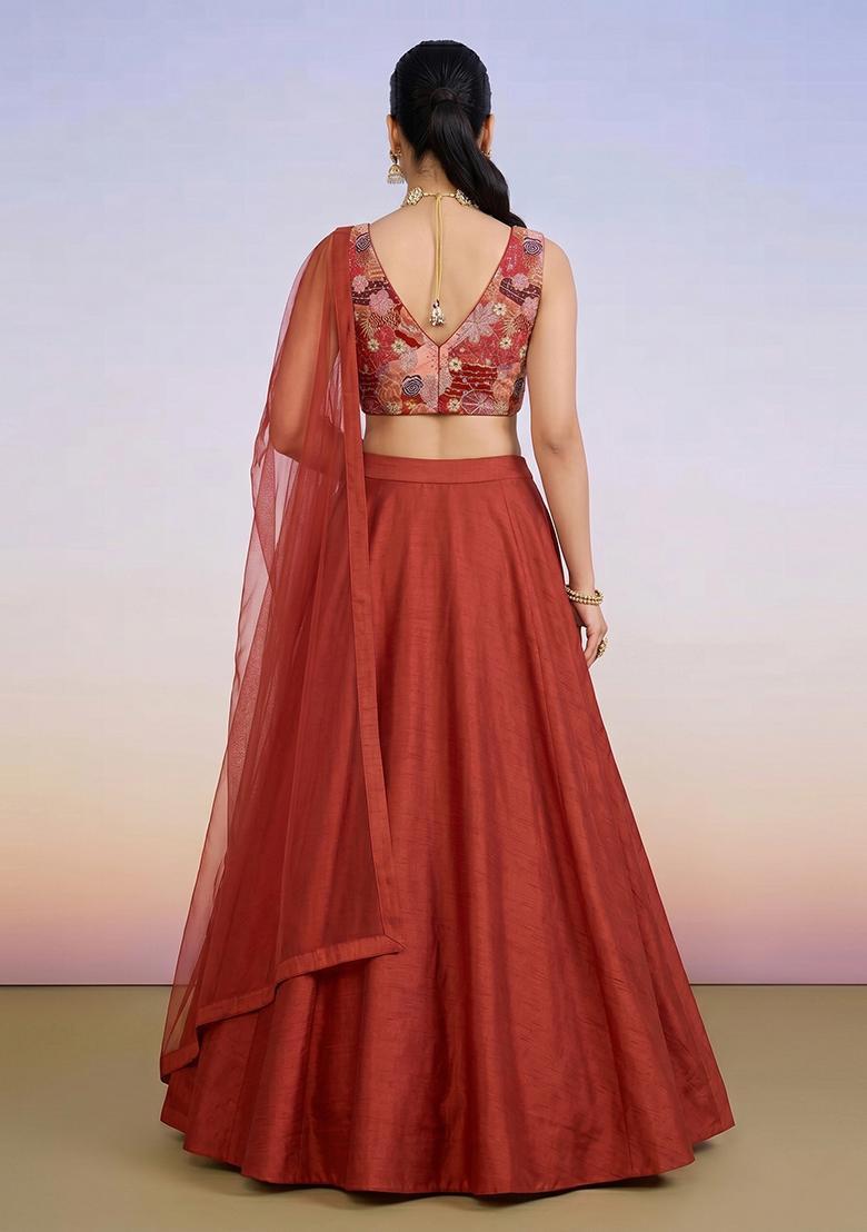 Red Printed Crepe Lehenga Set - Indya