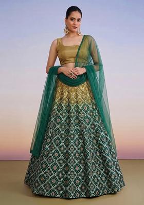 Dark Green Printed Silk Blend Lehenga Set