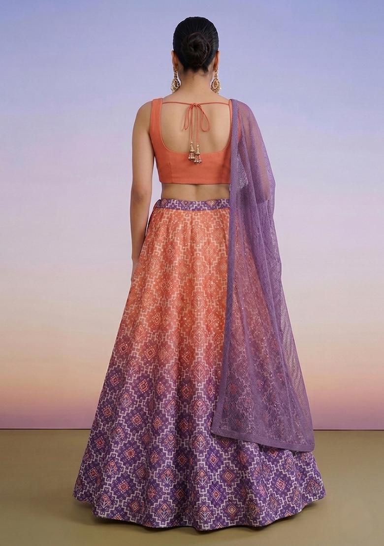Purple Printed Silk Blend Lehenga Set - Indya
