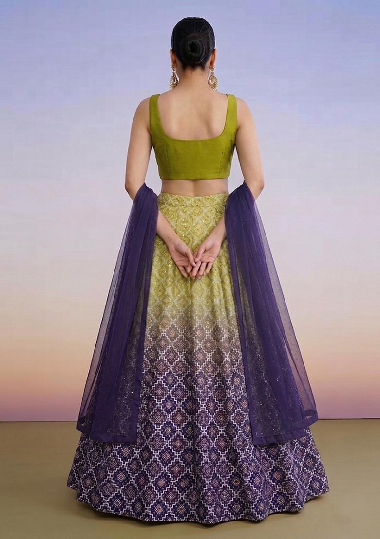 Purple Printed Silk Blend Lehenga Set - Indya