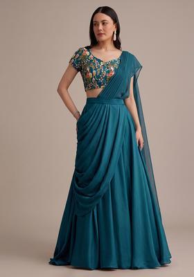 Deep Teal Blue Printed Crepe Lehenga Set
