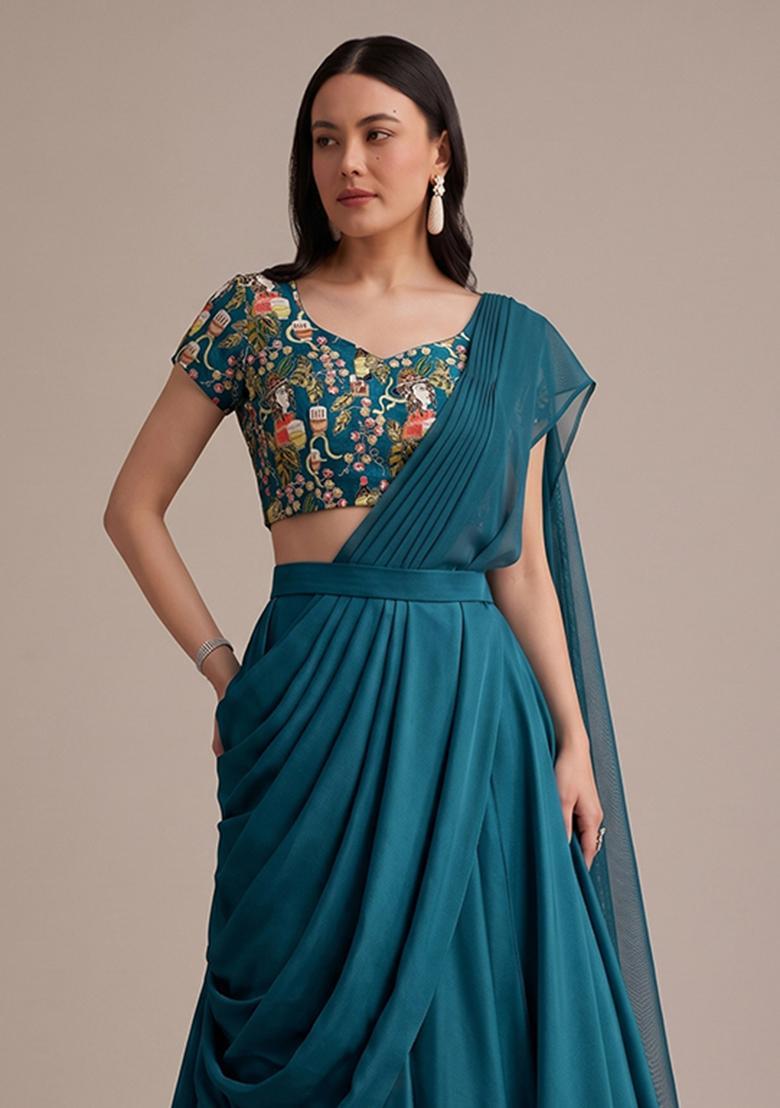 Deep Teal Blue Printed Crepe Lehenga Set - Indya