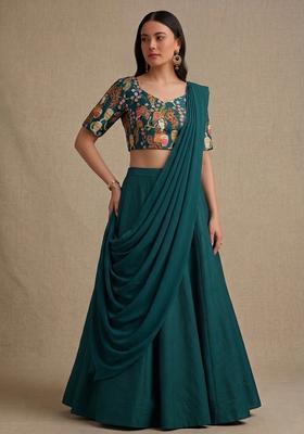 Bottle Green Printed Crepe Lehenga Set
