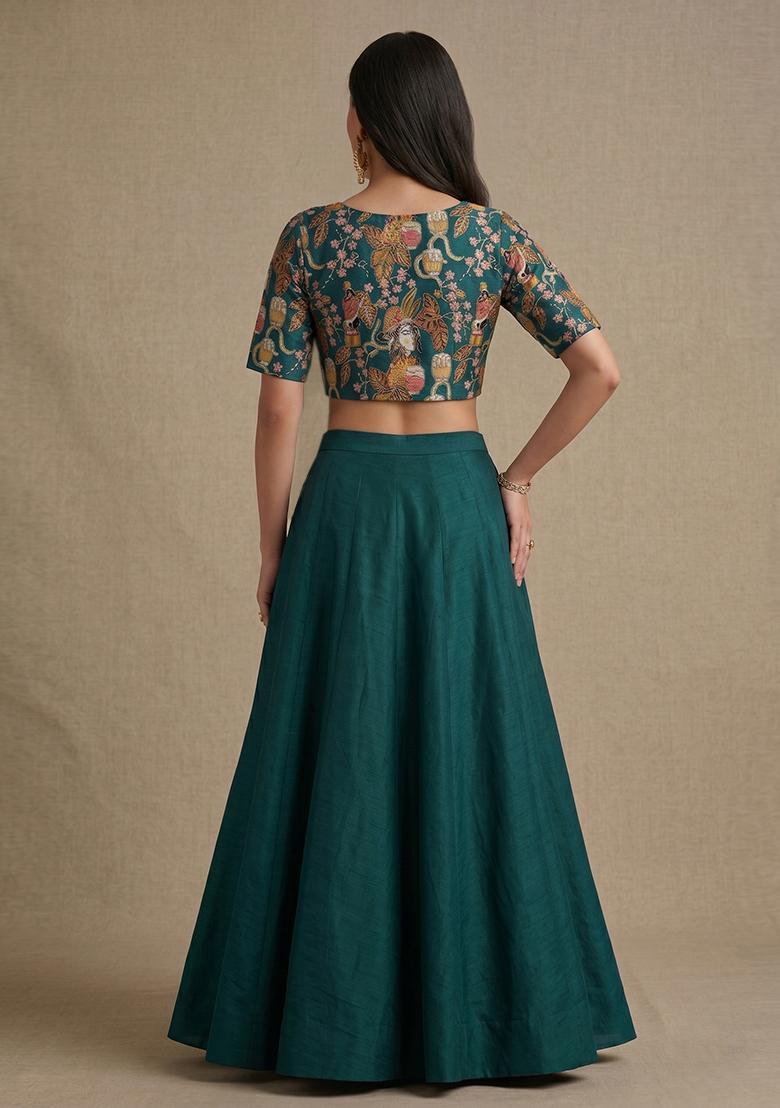 Bottle Green Printed Crepe Lehenga Set - Indya