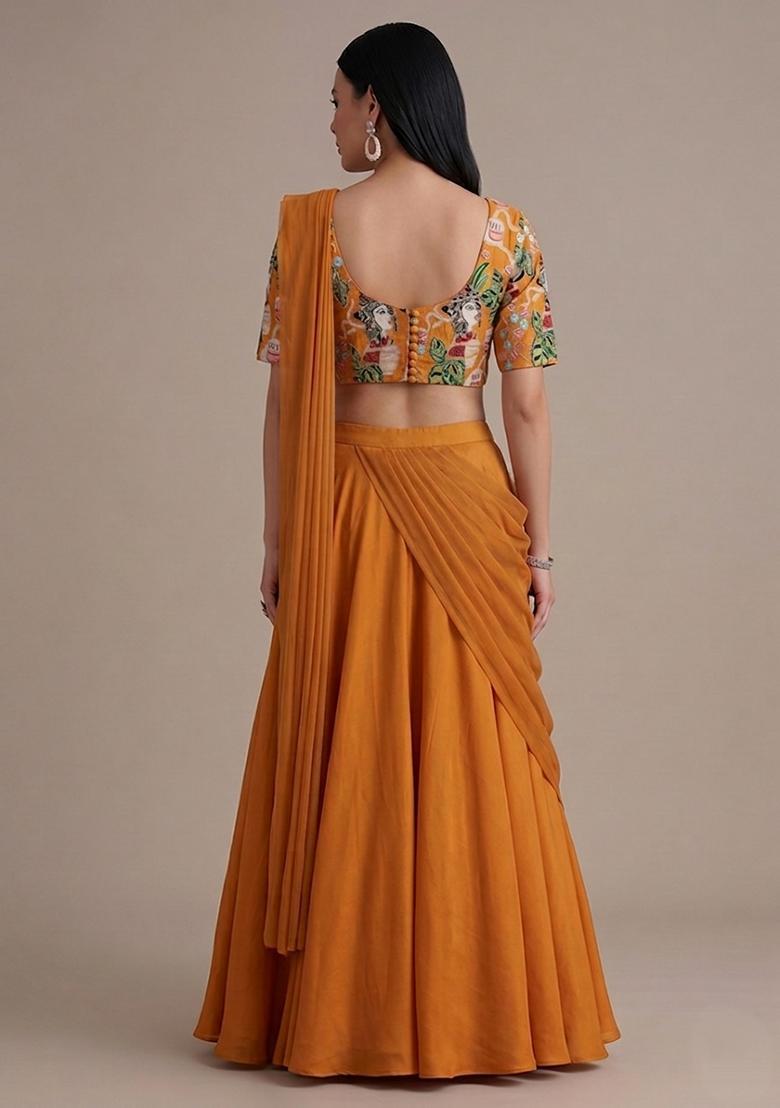 Orange Printed Crepe Lehenga Set - Indya