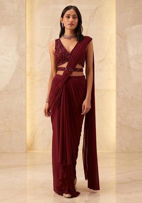 Deep Wine Embroidered Handwork Pre Draped Saree Set