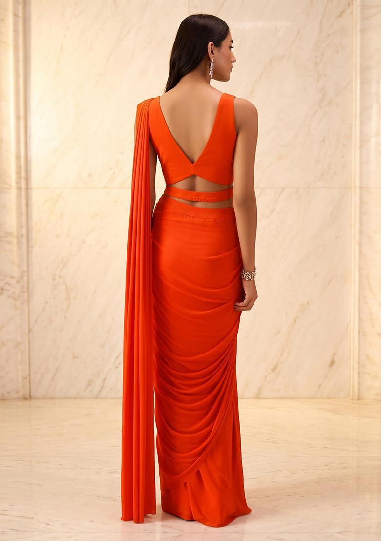 Orange Embroidered Handwork Pre Draped Saree Set - Indya