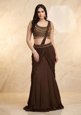 Coffee Brown Embroidered Handwork Pre Draped Saree Set