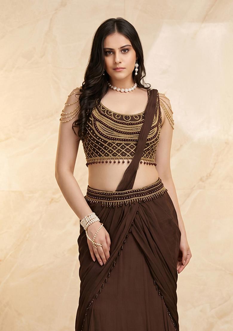 Coffee Brown Embroidered Handwork Pre Draped Saree Set - Indya