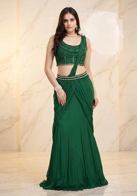 Bottle Green Embroidered Handwork Pre Draped Saree Set