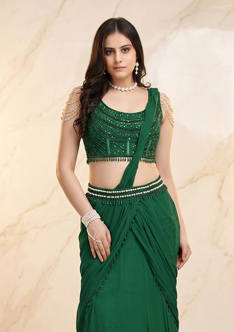 Bottle Green Embroidered Handwork Pre Draped Saree Set - Indya