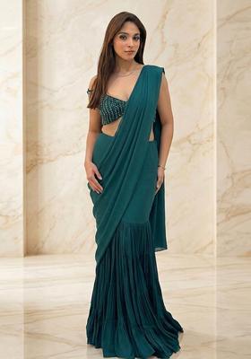Deep Teal Blue Embroidered Handwork Pre Draped Saree Set